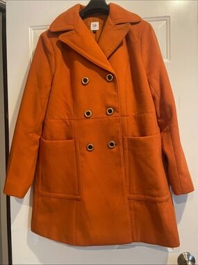 CAbi Orange Double-Breasted Pea Coat with Gold-Tone Grommet Buttons